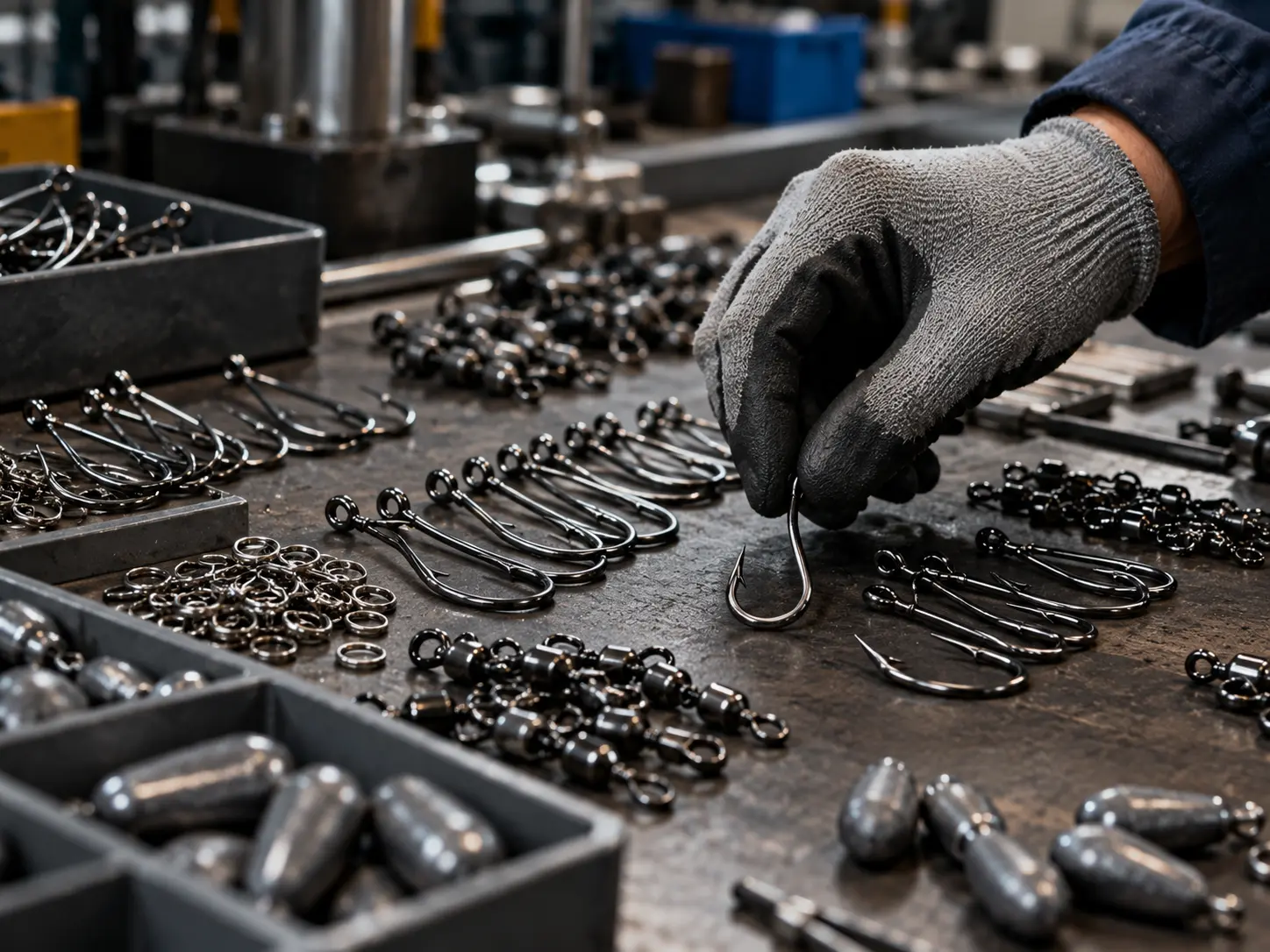 Fishing hooks and terminal tackle components prepared for assembly