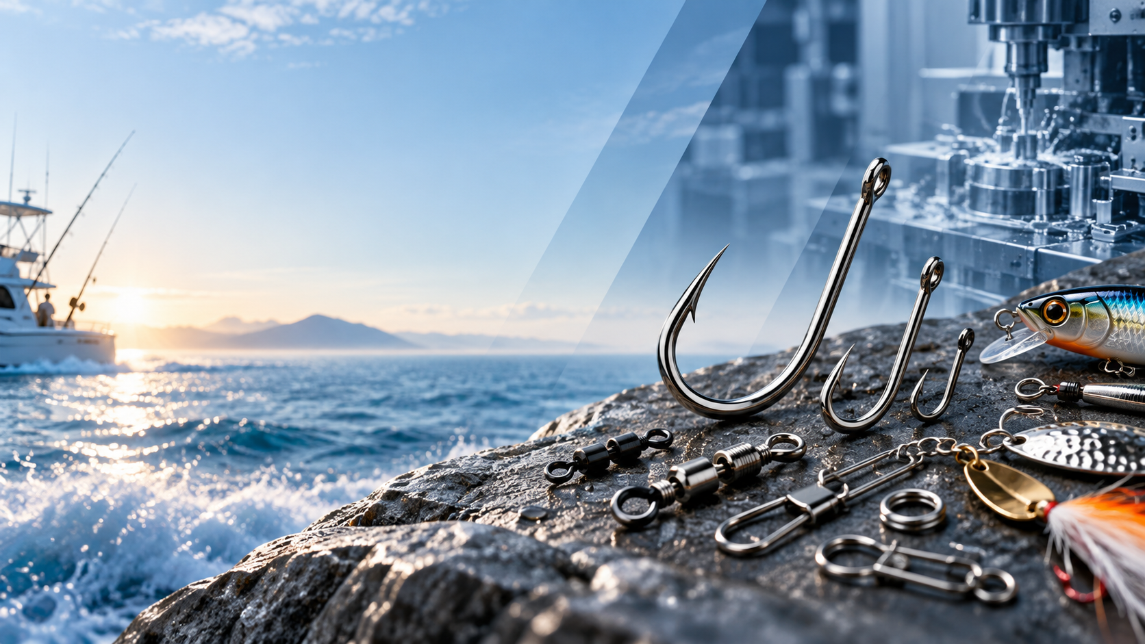 Fishing hooks, swivels, snap clips and lure components displayed beside the sea