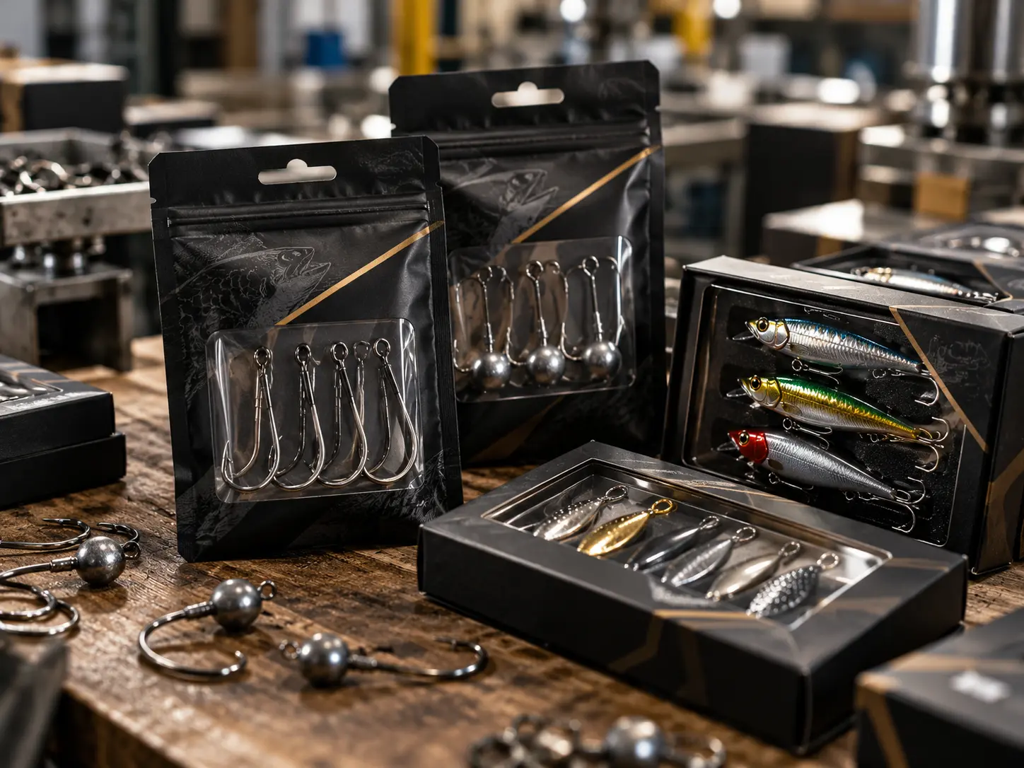 Private label fishing tackle packaging with hooks and fishing lures